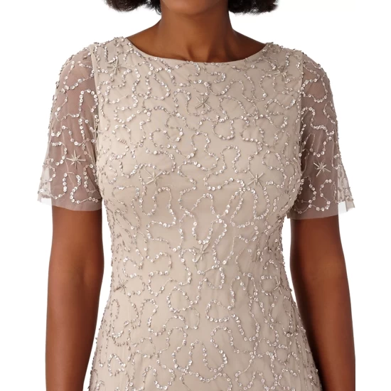 Budget π€© Papell Studio π© Women's Round-Neck Beaded Short-Sleeve Gown Biscotti π - Image 4