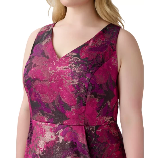 New π Adrianna Papell Plus Size V-Neck Ruffled Sleeveless High-Low Midi π Dress Magenta Orchid Multi 𧨠- Image 4