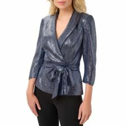 Coupon 💯 Adrianna Papell 👩 Women's Metallic Knit Wrap Top Navy Gunmetal ✨