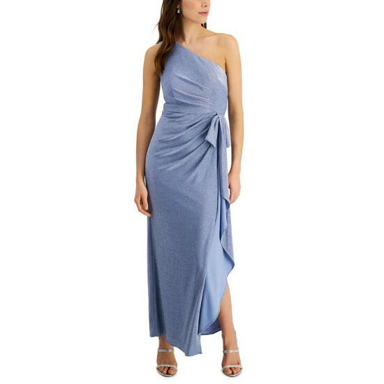 Cheapest π― Adrianna Papell One-Shoulder Metallic Gown Dusty Blue β€οΈ