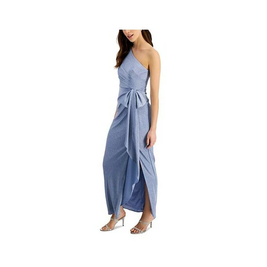 Cheapest π― Adrianna Papell One-Shoulder Metallic Gown Dusty Blue β€οΈ - Image 3