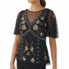 Best deal 🔔 Adrianna Papell 👩 Women's Embellished Illusion-Detail Flutter-Sleeve Top Black Gold 👍