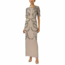 Outlet 💯 Papell Studio 👩 Women's Beaded-Mesh Short-Sleeve Gown Sterling Nude ✨