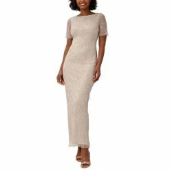 Budget 🤩 Papell Studio 👩 Women's Round-Neck Beaded Short-Sleeve Gown Biscotti 🎁