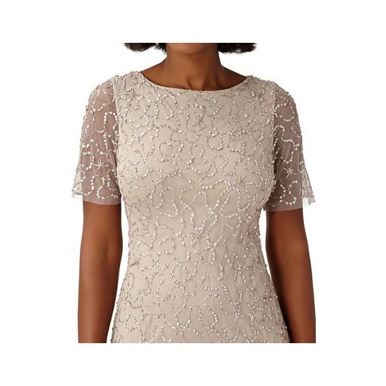 Budget π€© Papell Studio π© Women's Round-Neck Beaded Short-Sleeve Gown Biscotti π - Image 3