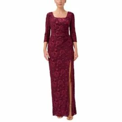 New 🧨 Adrianna Papell 👩 Women's Burnout Velvet Ruched Gown Cranberry Apple 🤩