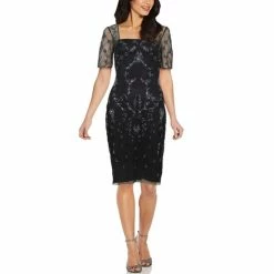Flash Sale 🤩 Papell Studio Mesh-Sleeve Beaded 👗 Dress Black/gunmetal 🧨