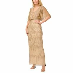Hot Sale 🛒 Adrianna Papell 👩 Women's Beaded Flutter-Sleeve Blouson Gown Champagne Gold 🧨