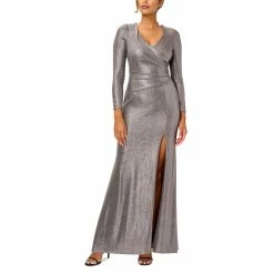 New 👍 Adrianna Papell 👩 Women's Metallic Jersey Ruched Gown Stone 🌟