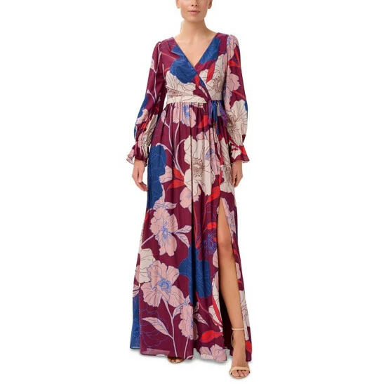 Coupon π Adrianna Papell π© Women's Printed Tie-Waist Long-Sleeve π Dress Burgundy Multi π₯°