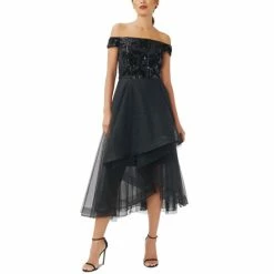 Top 10 🤩 Adrianna Papell 👩 Women's Off-The-Shoulder Midi 👗 Dress Black 💯