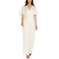 Best Pirce 🎉 Adrianna Papell 👩 Women's Flutter-Sleeve Wide-Leg Jumpsuit Ivory 🎉