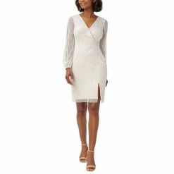 Best Sale 😀 Adrianna Papell 👩 Women's Embellished Mesh-Overlay 👗 Dress Ivory Pearl ⭐