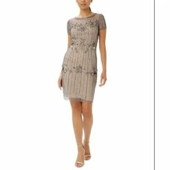 Cheapest 🎉 Papell Studio 👩 Women's Beaded Short-Sleeve Cocktail 👗 Dress Sterling Nude 🌟