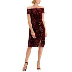 Budget ❤️ Adrianna Papell Petite Off-The-Shoulder Sequined Sheath 👗 Dress Garnet ⭐