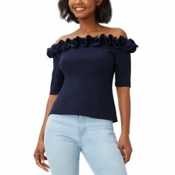 Budget 😉 Adrianna Papell 👩 Women's Ruffled Off-The-Shoulder Top Midnight ⭐