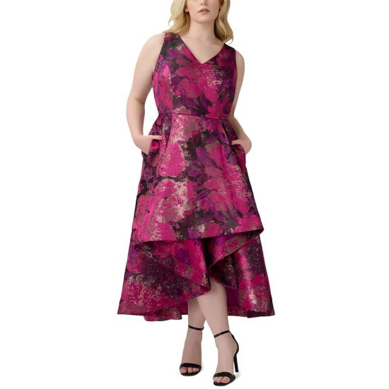 New π Adrianna Papell Plus Size V-Neck Ruffled Sleeveless High-Low Midi π Dress Magenta Orchid Multi π§¨