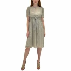 Outlet ✔️ Adrianna Papell Pleated Metallic 👗 Dress Champagne Gold 😀