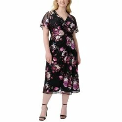 Discount ✨ Adrianna Papell Plus Size Surplice-Neck Floral-Print Midi 👗 Dress Black Multi ⌛