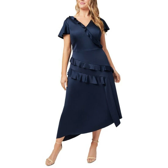 Budget 𧨠Adrianna Papell Plus Size Satin Ruffled Midi π Dress Navy π