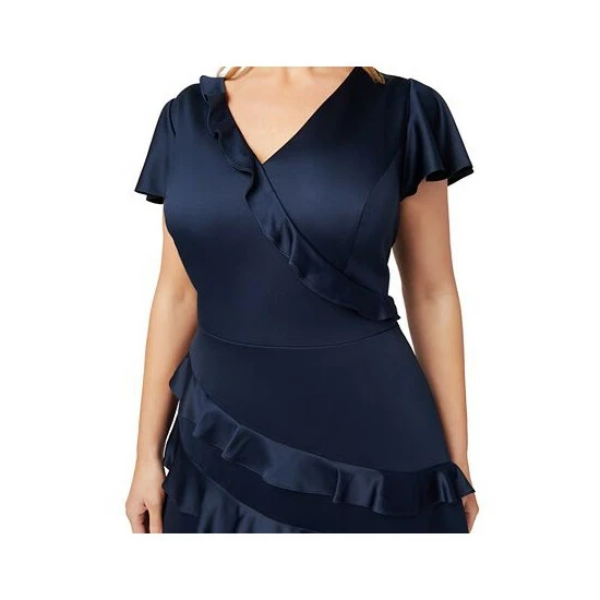 Budget 𧨠Adrianna Papell Plus Size Satin Ruffled Midi π Dress Navy π - Image 3