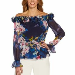 Cheap ✔️ Adrianna Papell 👩 Women's Floral-Print Off-The-Shoulder Peplum Top Navy Multi 👏