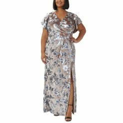 Discount 🧨 Adrianna Papell Plus Size Burnout Velvet Floral-Print Gown Taupe 😀