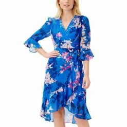 Top 10 ❤️ Adrianna Papell 👩 Women's Floral-Print Faux-Wrap 👗 Dress Blue Multi 🔥