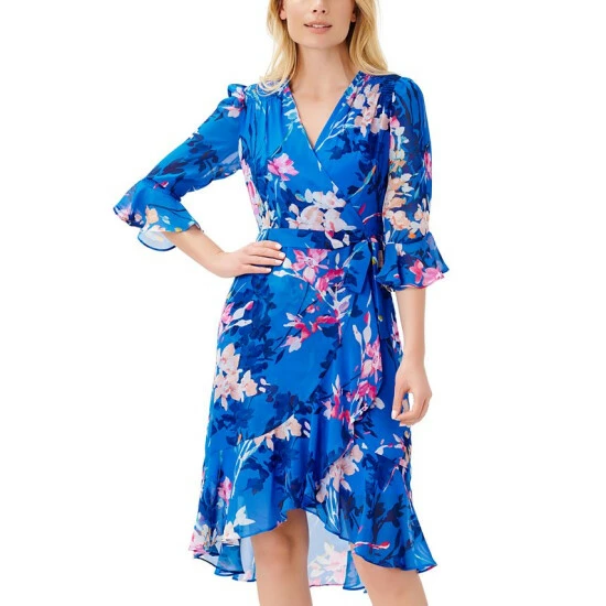 Top 10 β€οΈ Adrianna Papell π© Women's Floral-Print Faux-Wrap π Dress Blue Multi π₯